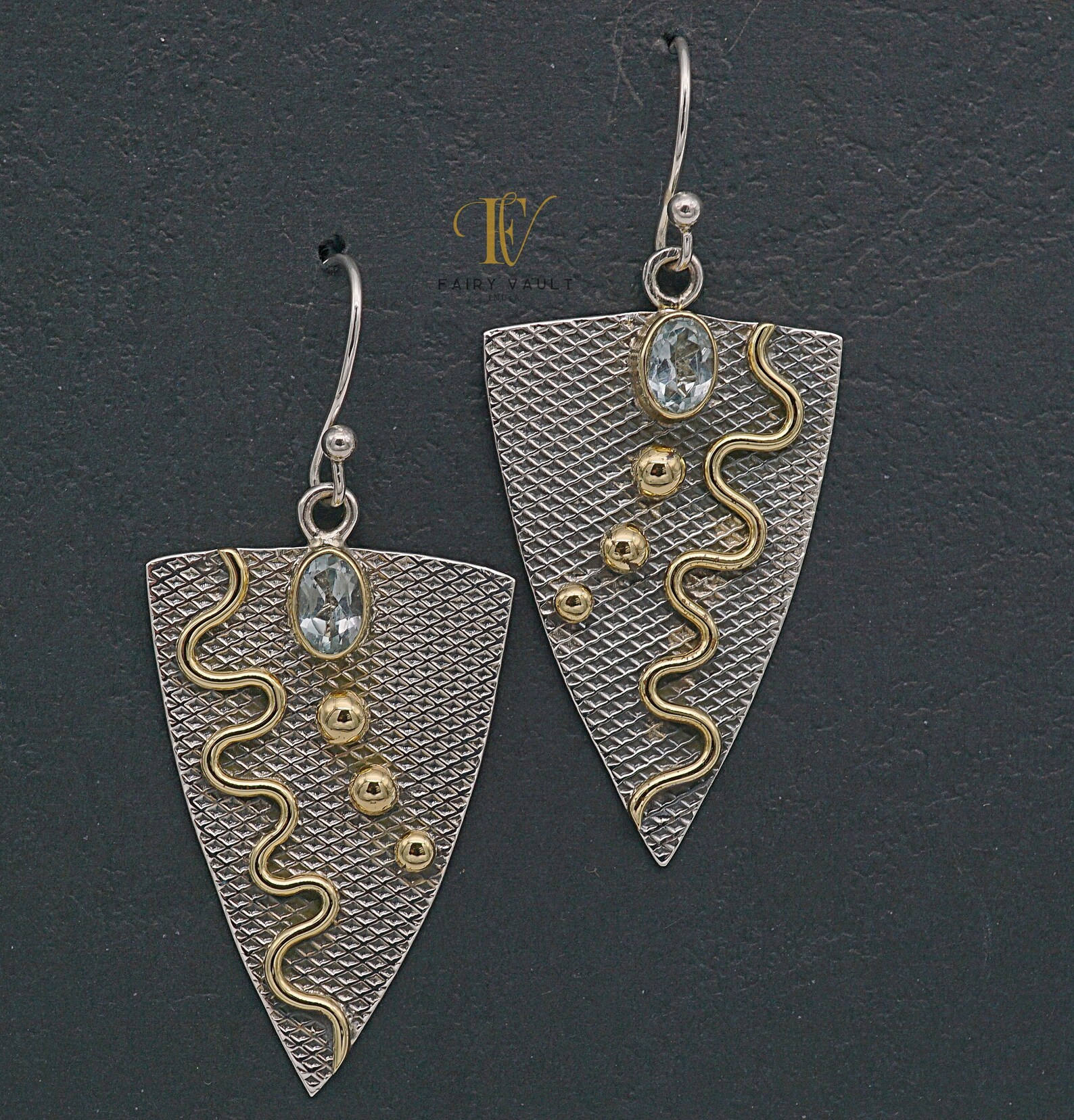 Blue Topaz Shield Gold Wire Drop Earrings