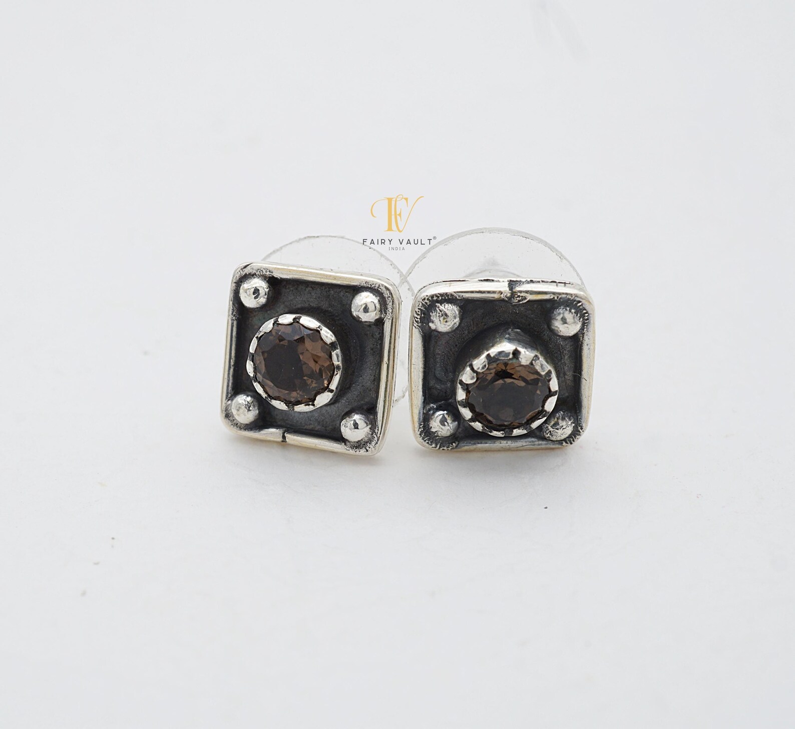 Smoky Quartz Square Frame Stud Earrings
