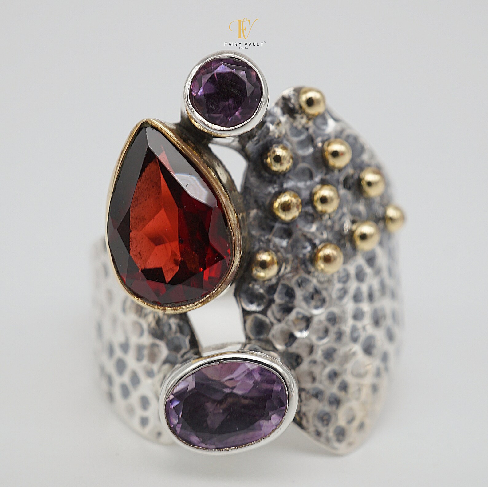 Garnet Amethyst Wide Band Statement Ring