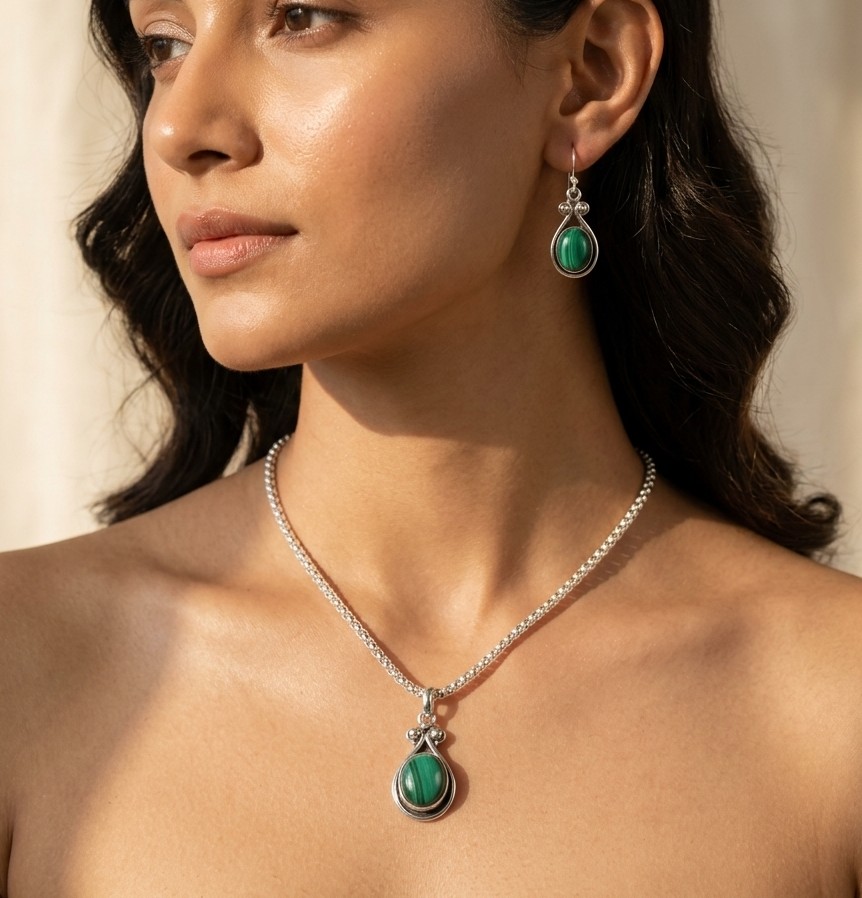 Malachite Pendant and Earring Set